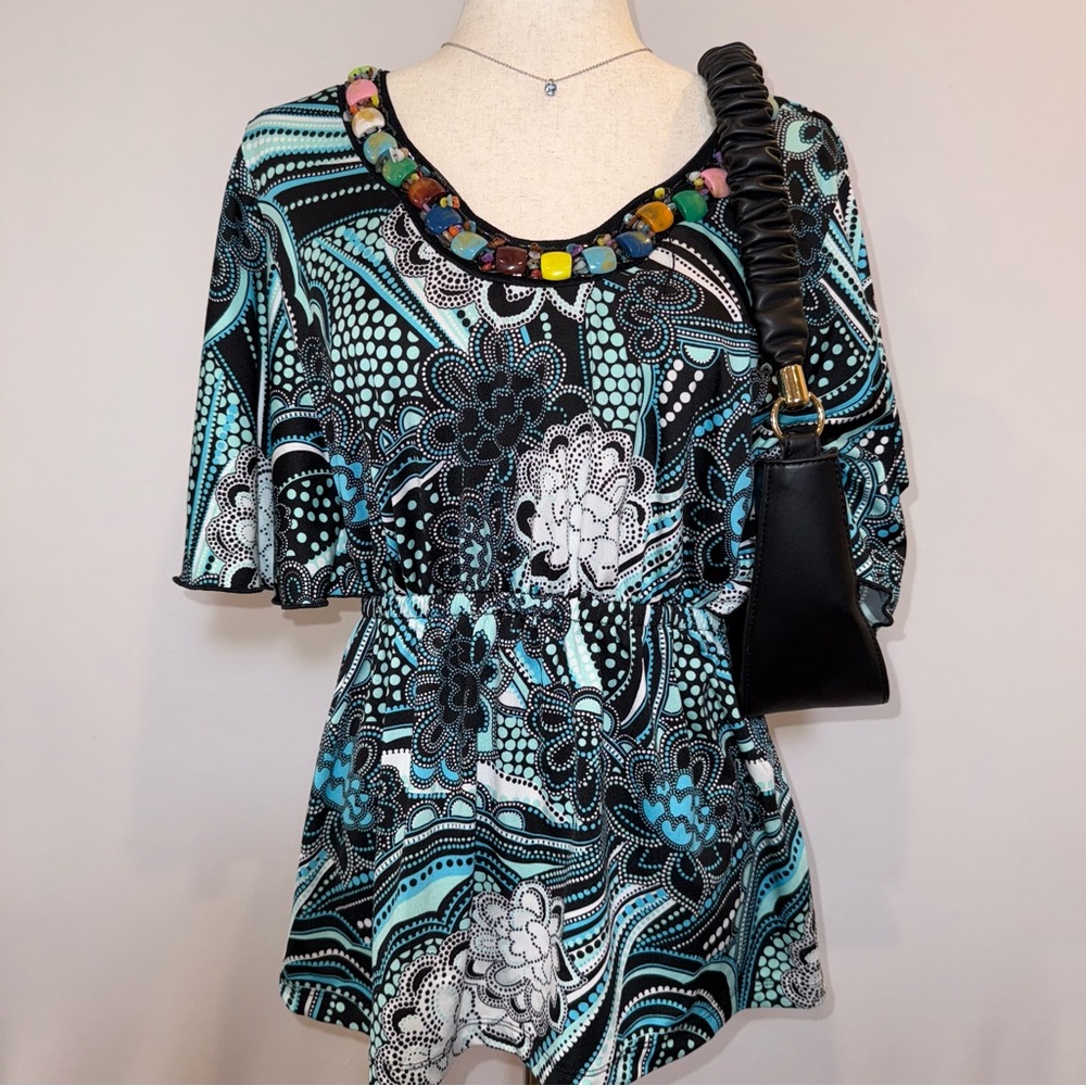 New Directions Beaded Neckline Black Blue Retro Floral Top / Mini Dress size XL